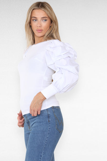 Oversized Puff Sleeves Ribbed Top