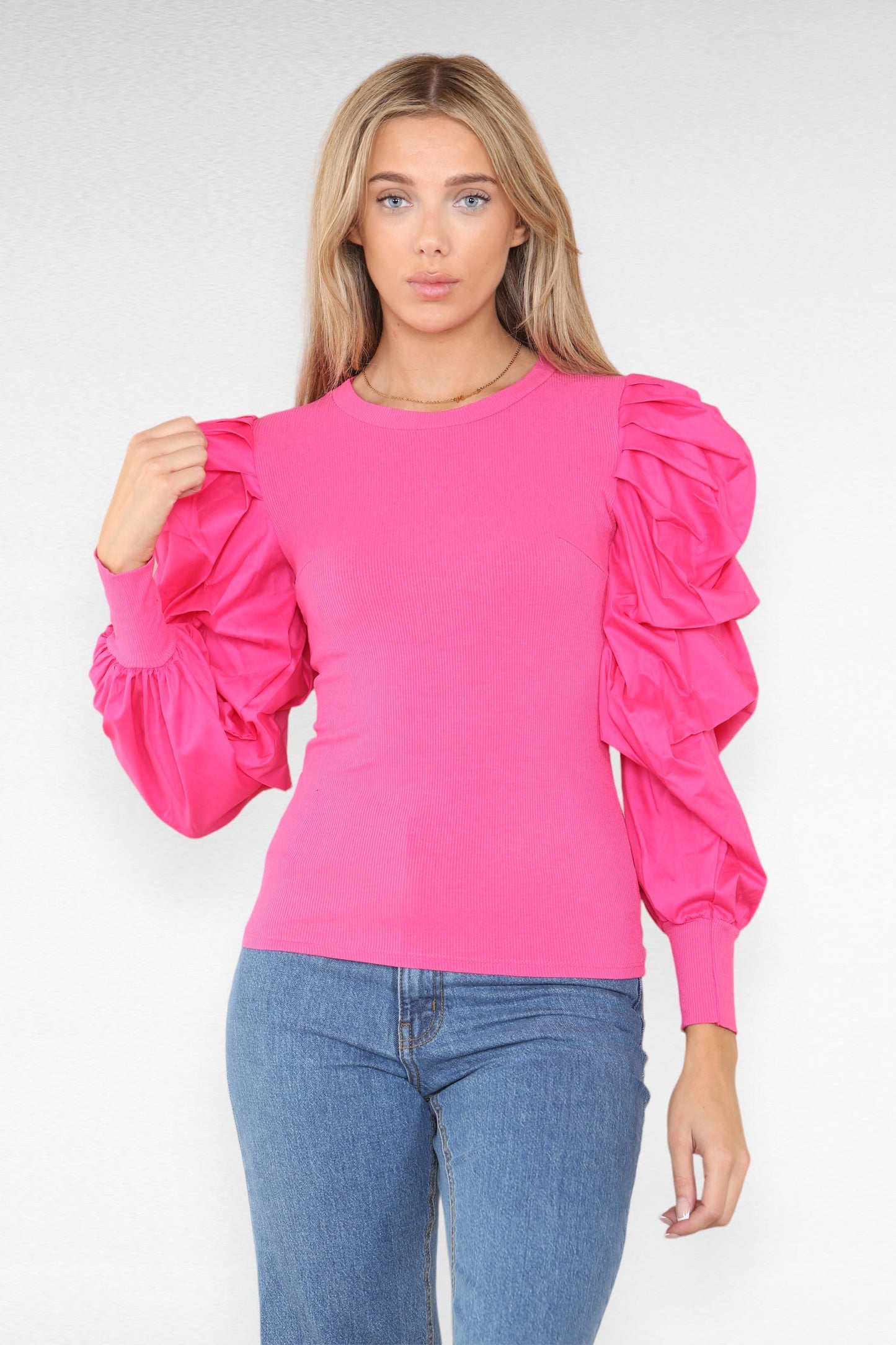 Puff Sleeves Rib Tops - Multi Trends