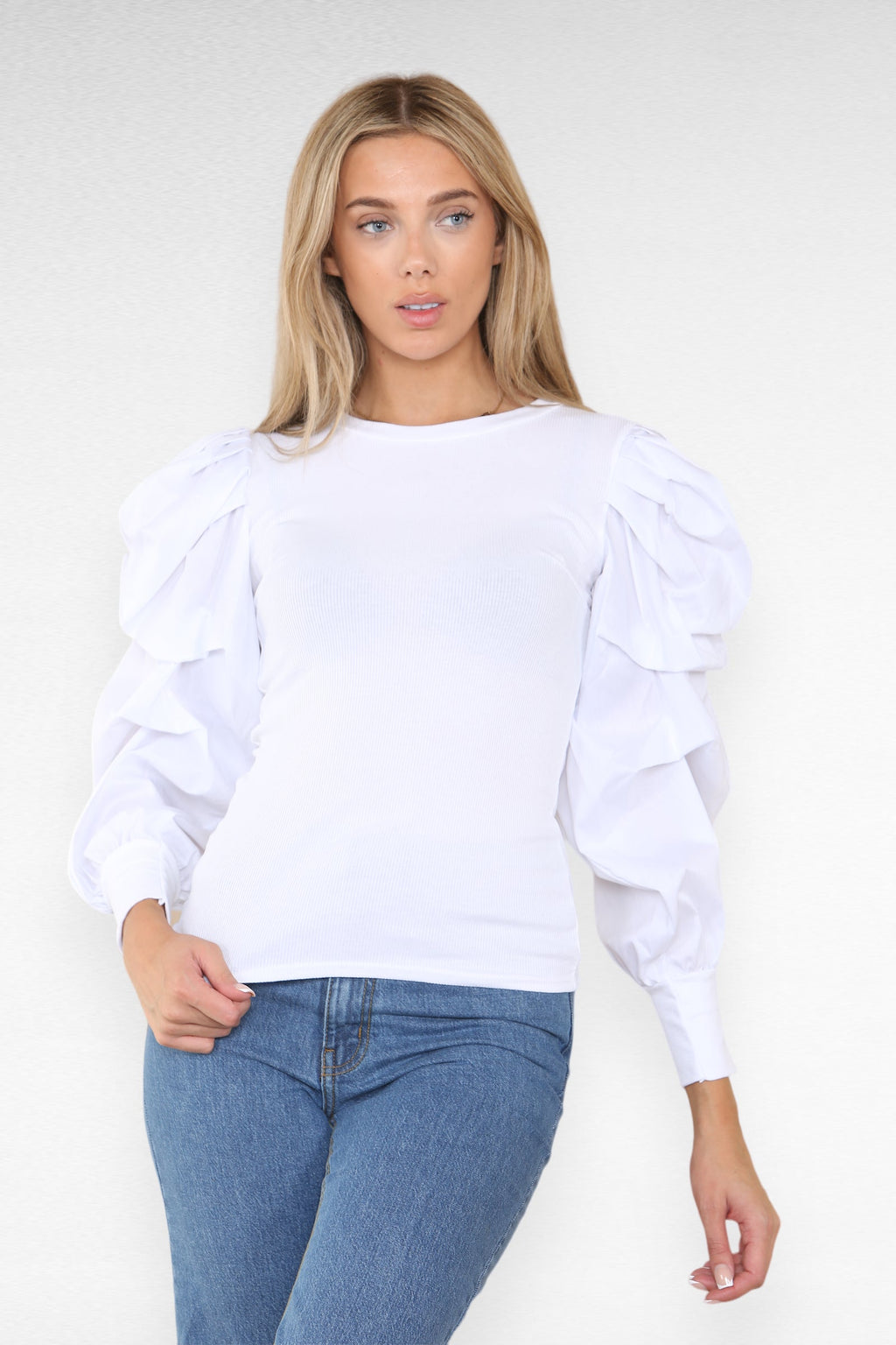Oversized Puff Sleeves Ribbed Top