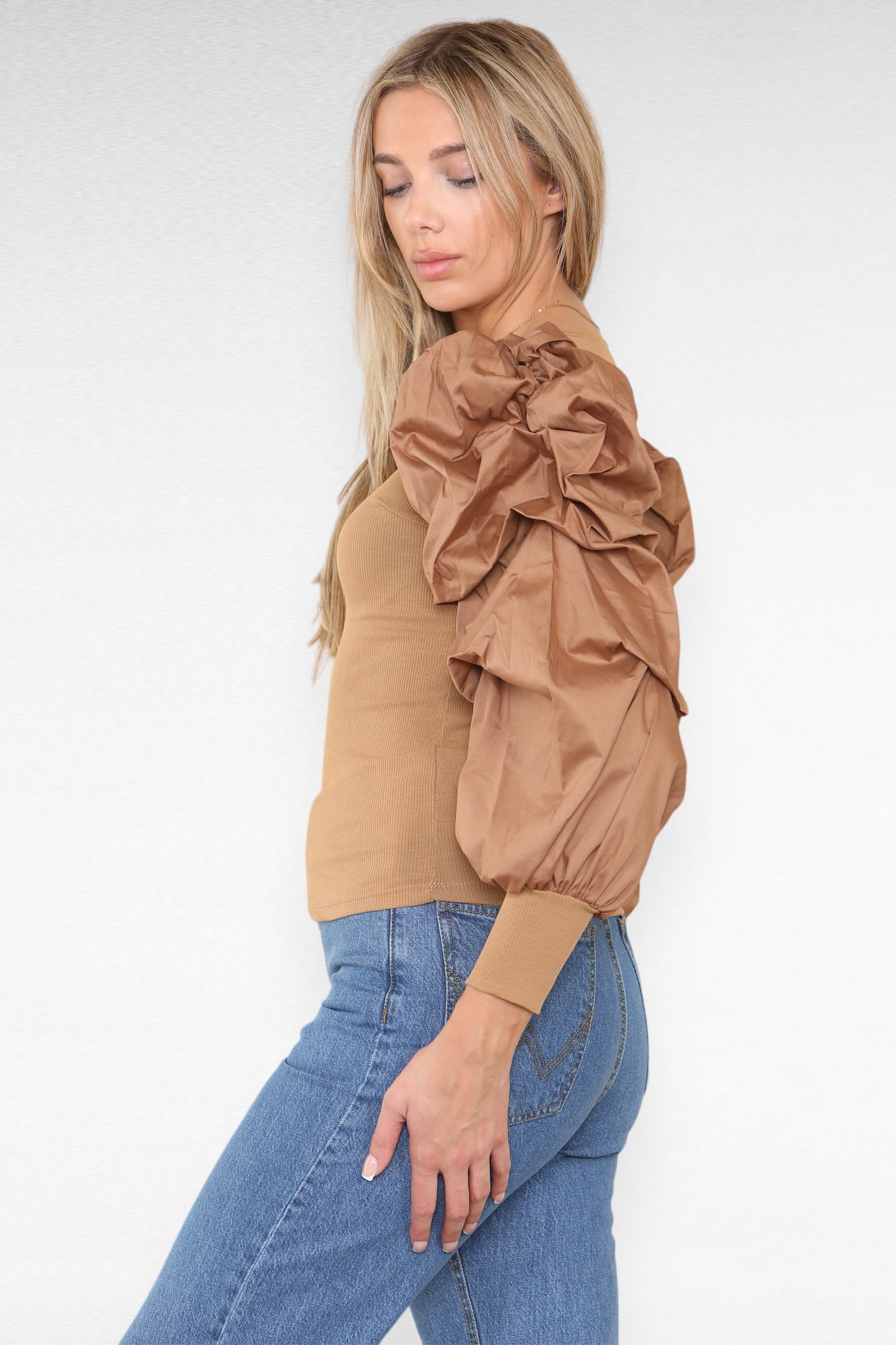 Oversized Puff Sleeves Ribbed Top