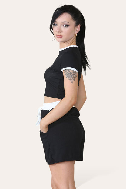 Ribbed Contrast Waistband Top and Short Set - Multi Trends