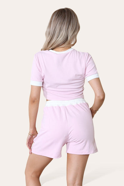 Ribbed Contrast Waistband Top and Short Set - MultiTrends Limited