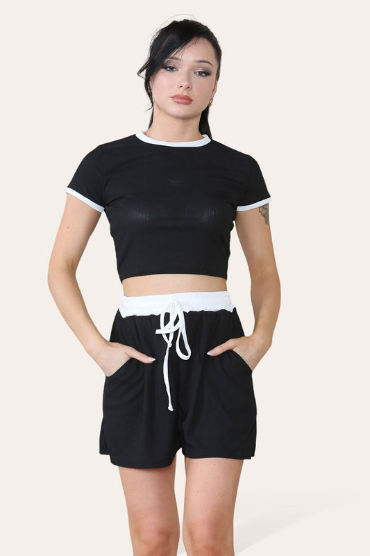 Ribbed Contrast Waistband Top and Short Set - Multi Trends