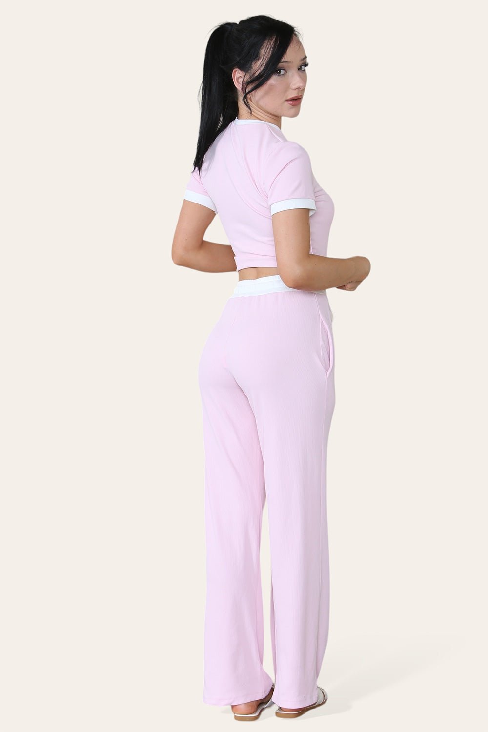 Ribbed Contrast Wide Leg Flared Trousers And Top Loungewear TRS Cropped Set - Multi Trends