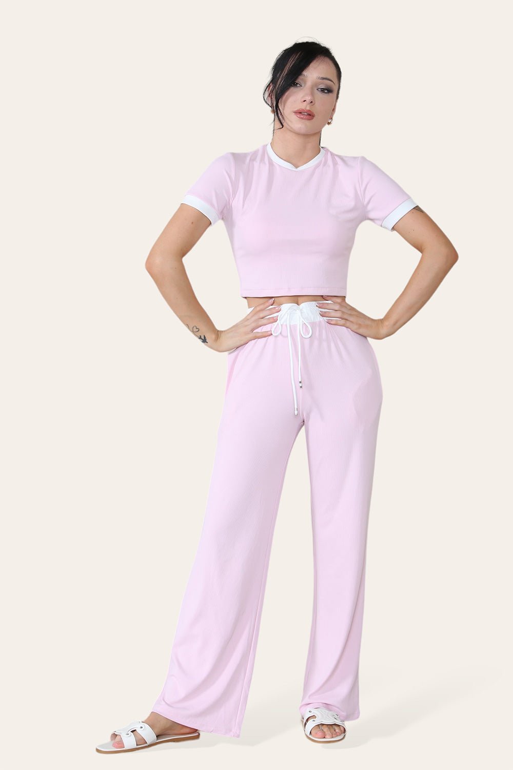 Ribbed Contrast Wide Leg Flared Trousers And Top Loungewear TRS Cropped Set - Multi Trends