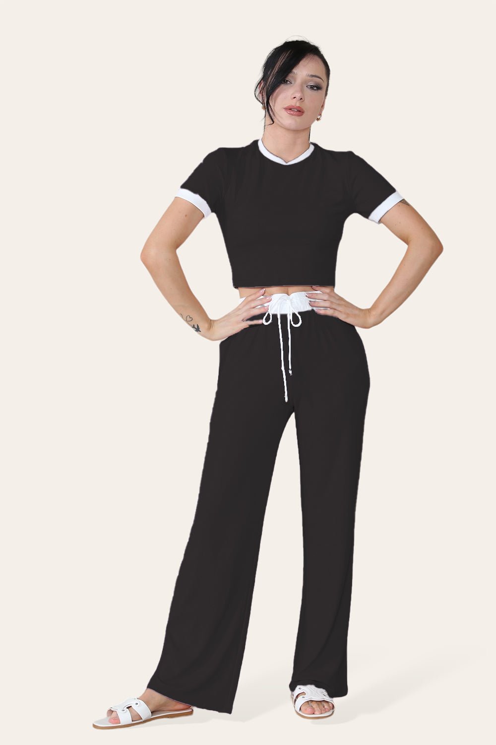Ribbed Contrast Wide Leg Flared Trousers And Top Loungewear TRS Cropped ...