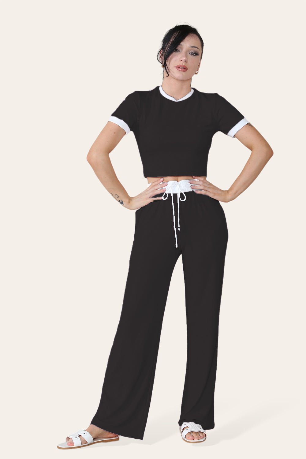 Ribbed Contrast Wide Leg Flared Trousers And Top Loungewear TRS Cropped Set - Multi Trends