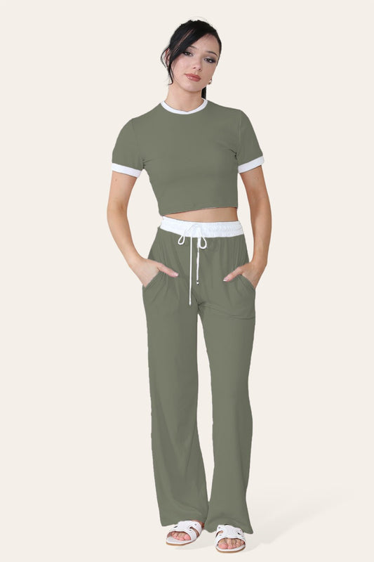Ribbed Contrast Wide Leg Flared Trousers And Top Loungewear TRS Cropped Set - Multi Trends