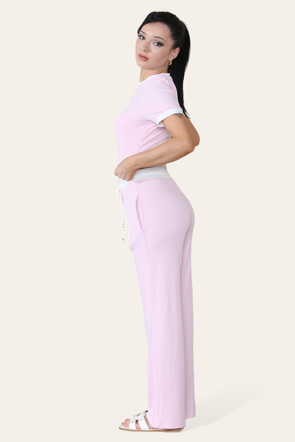 Ribbed Contrast Wide Leg Flared Trousers And Top Loungewear TRS Cropped ...