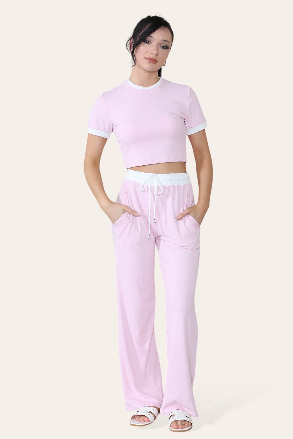 Ribbed Contrast Wide Leg Flared Trousers And Top Loungewear TRS Cropped ...