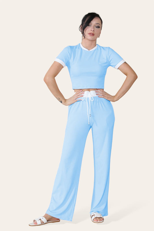 Ribbed Contrast Wide Leg Flared Trousers And Top Loungewear TRS Cropped Set - Multi Trends
