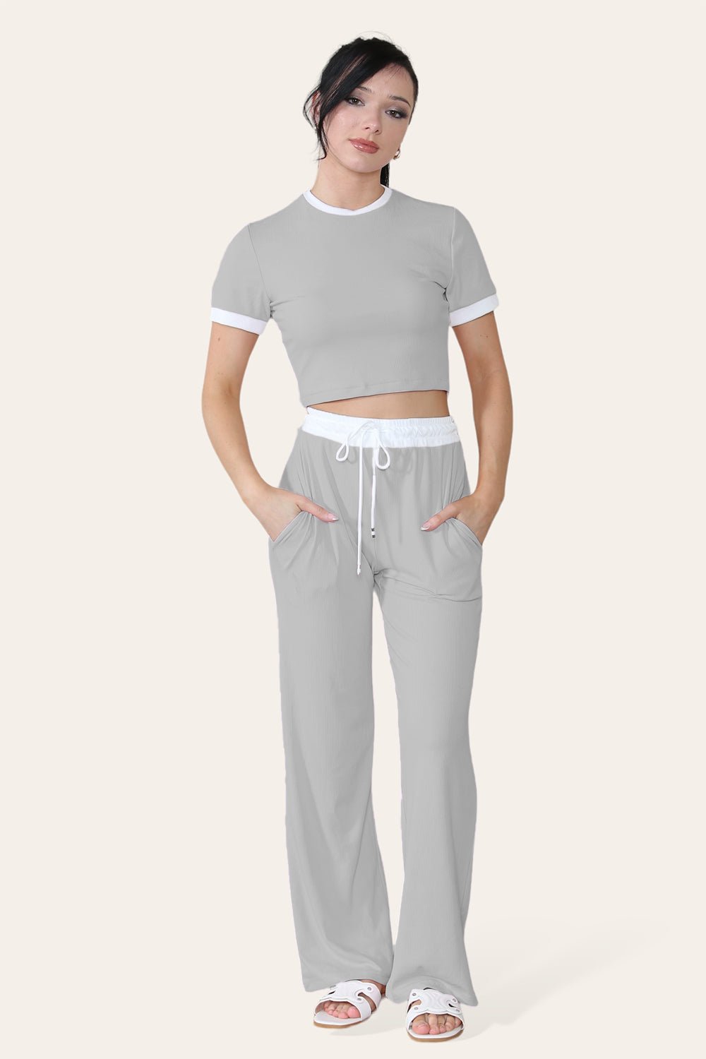 Ribbed Contrast Wide Leg Flared Trousers And Top Loungewear TRS Cropped ...