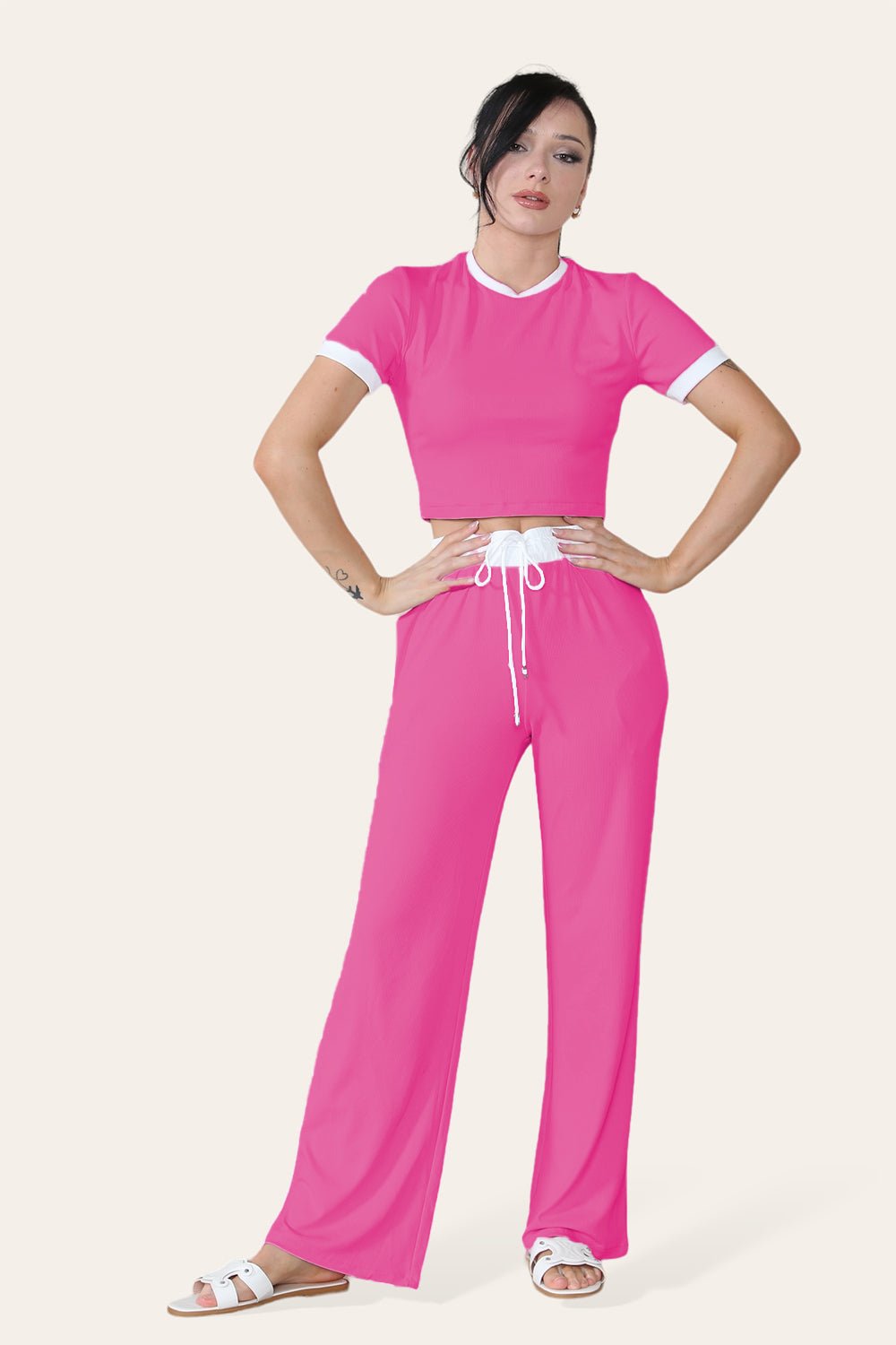 Ribbed Contrast Wide Leg Flared Trousers And Top Loungewear TRS Cropped Set - Multi Trends