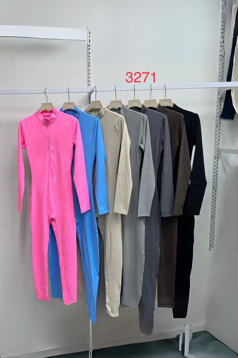 Ribbed High Neck Zipper Collar Jumpsuit Front Unitard Set - Multi Trends