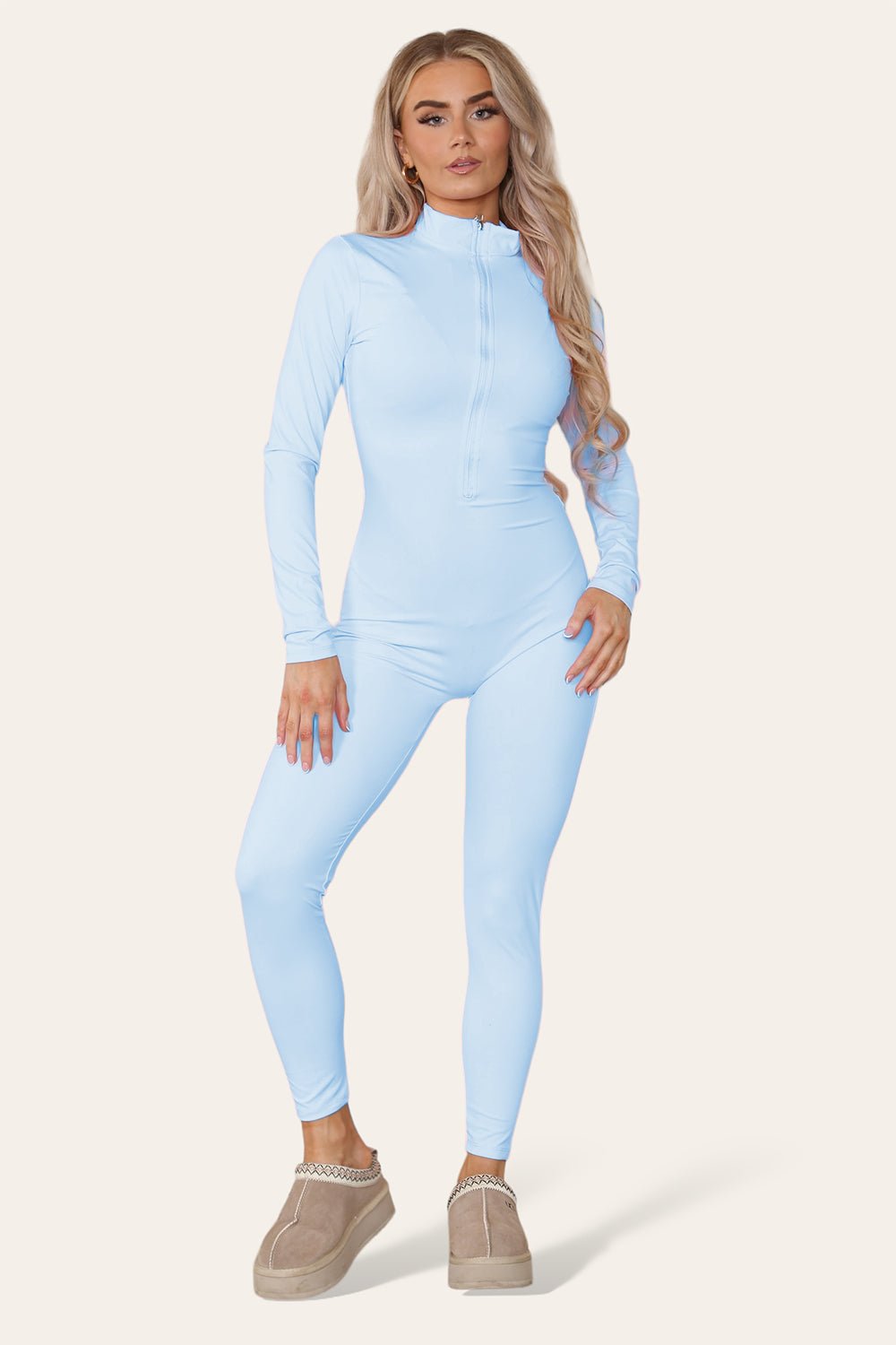 Ribbed High Neck Zipper Collar Jumpsuit Front Unitard Set - Multi Trends