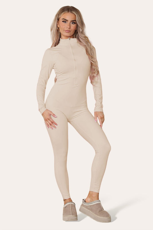 Ribbed High Neck Zipper Collar Jumpsuit Front Unitard Set - Multi Trends