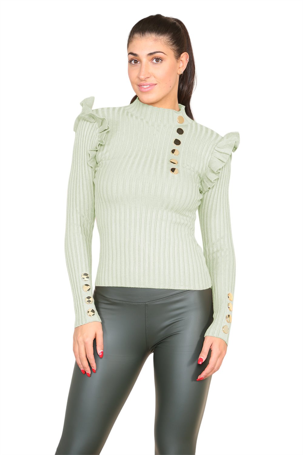 Ribbed Knit Gold Button Detail Jumper with Frill - MultiTrends Limited
