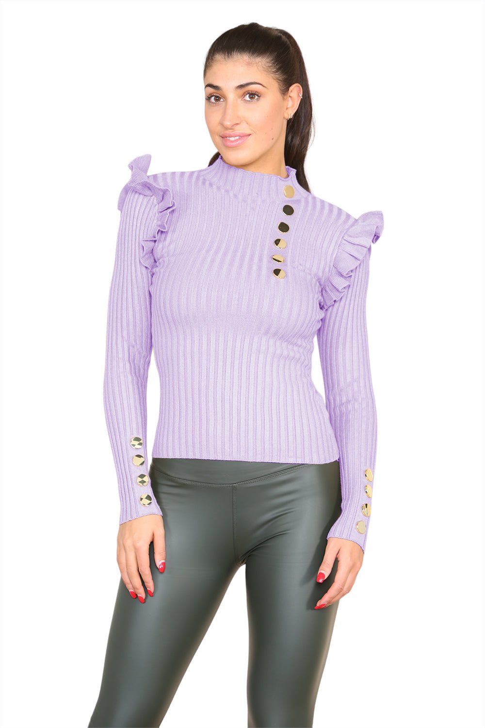 Ribbed Knit Gold Button Detail Jumper with Frill - MultiTrends Limited