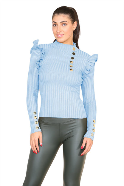 Ribbed Knit Gold Button Detail Jumper with Frill - MultiTrends Limited