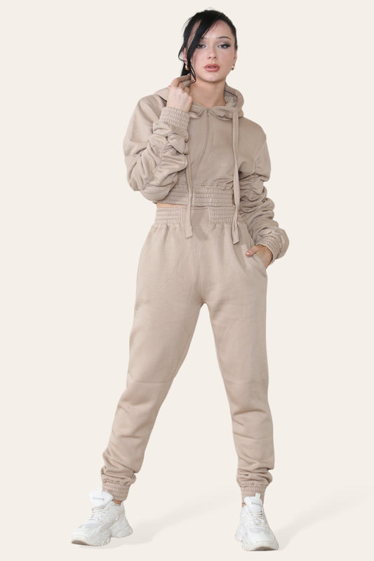 Ruched Sleeves Cropped Hoodie and Cropped Jogger Cuffed Bottom Loungewear Tracksuit Set - Multi Trends