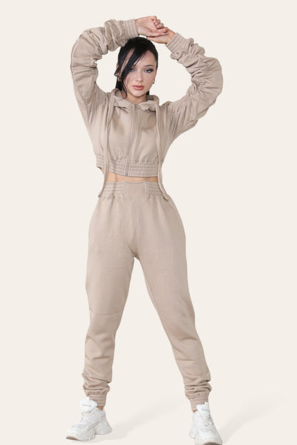 Ruched Sleeves Cropped Hoodie and Cropped Jogger Cuffed Bottom Loungewear Tracksuit Set - Multi Trends
