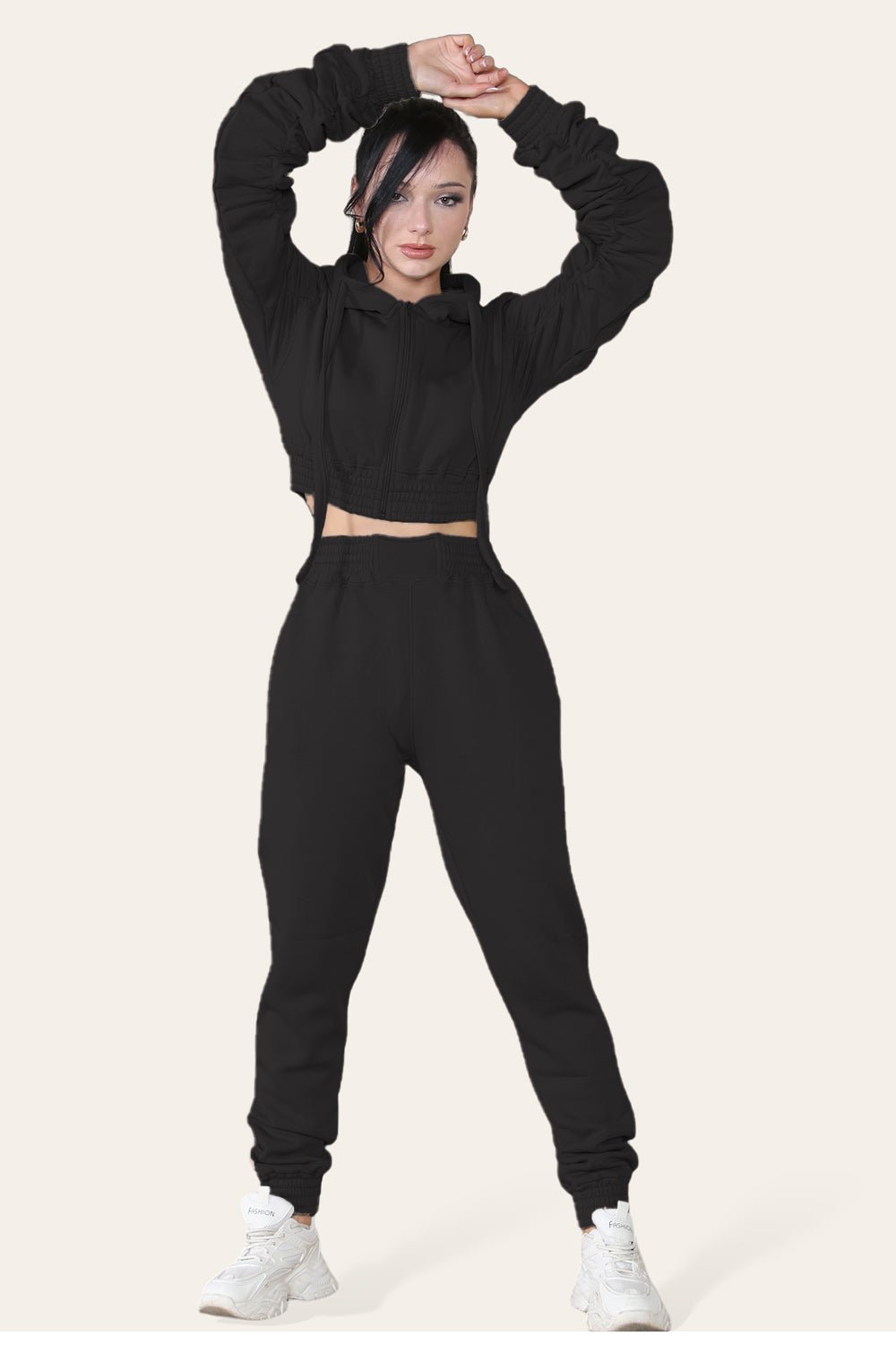 Ruched Sleeves Cropped Hoodie and Cropped Jogger Cuffed Bottom Loungewear Tracksuit Set - Multi Trends