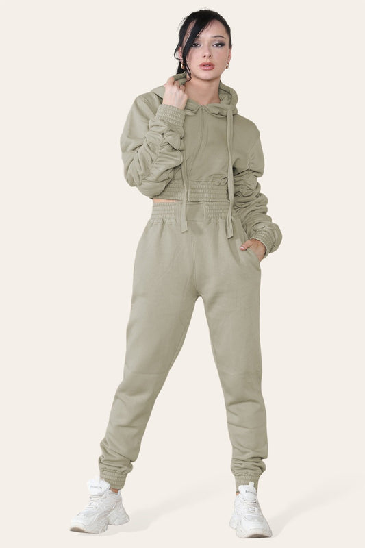 Ruched Sleeves Cropped Hoodie and Cropped Jogger Cuffed Bottom Loungewear Tracksuit Set - Multi Trends