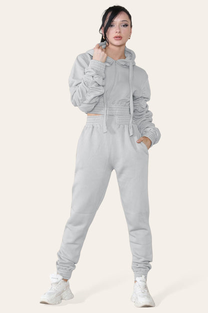 Ruched Sleeves Cropped Hoodie and Cropped Jogger Cuffed Bottom Loungewear Tracksuit Set - Multi Trends