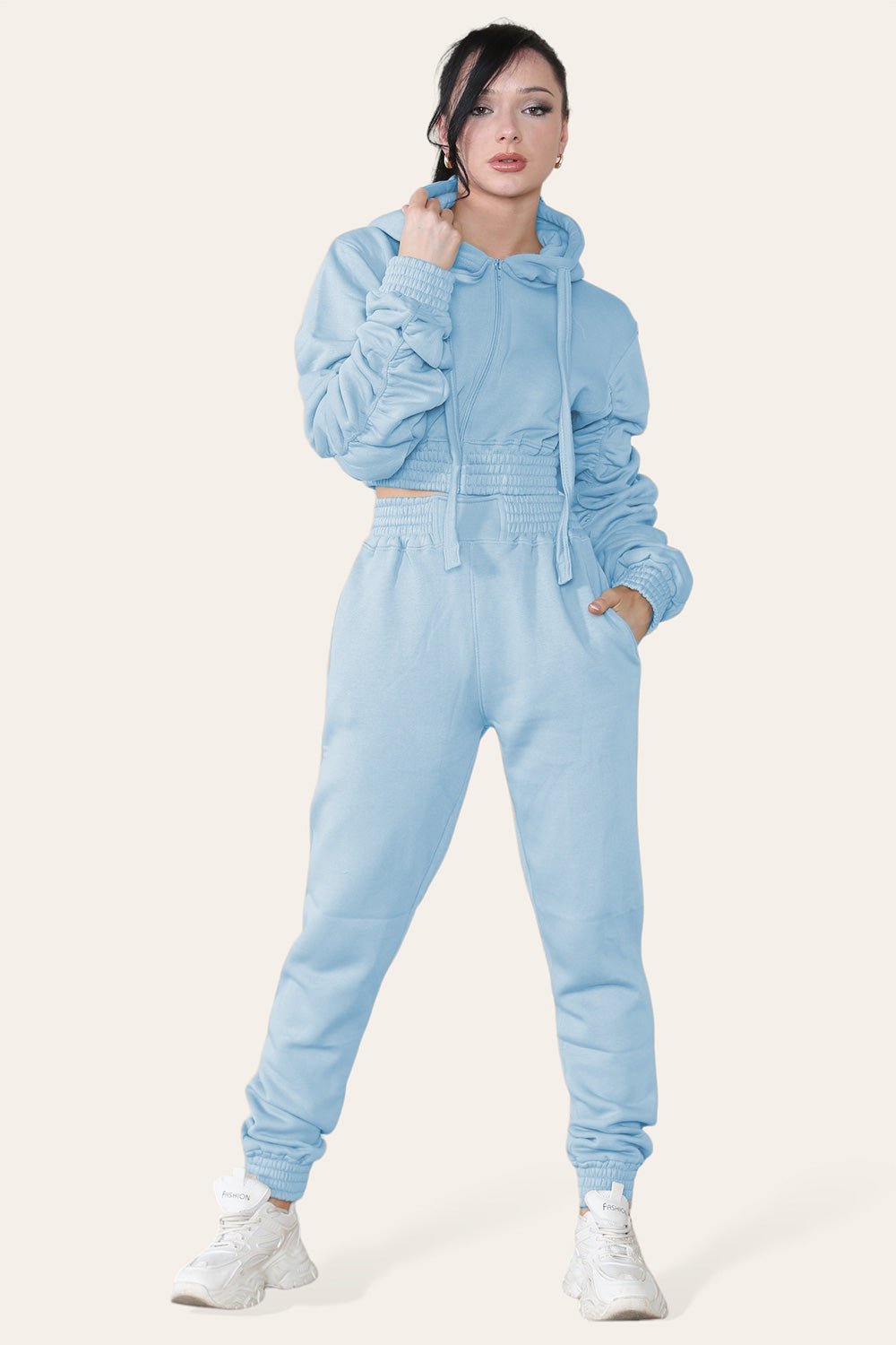 Ruched Sleeves Cropped Hoodie and Cropped Jogger Cuffed Bottom Loungewear Tracksuit Set Multi Trends