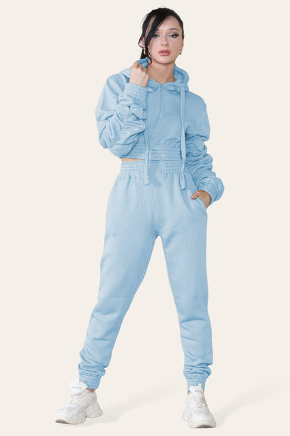 Ruched Sleeves Cropped Hoodie and Cropped Jogger Cuffed Bottom Loungewear Tracksuit Set - MultiTrends Limited