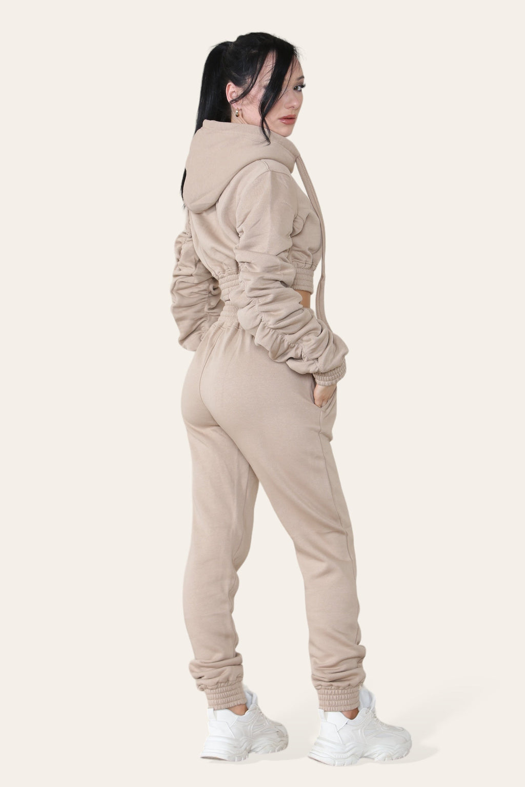 Ruched Sleeves Cropped Hoodie and Cropped Jogger Cuffed Bottom Loungewear Tracksuit Set - Multi Trends