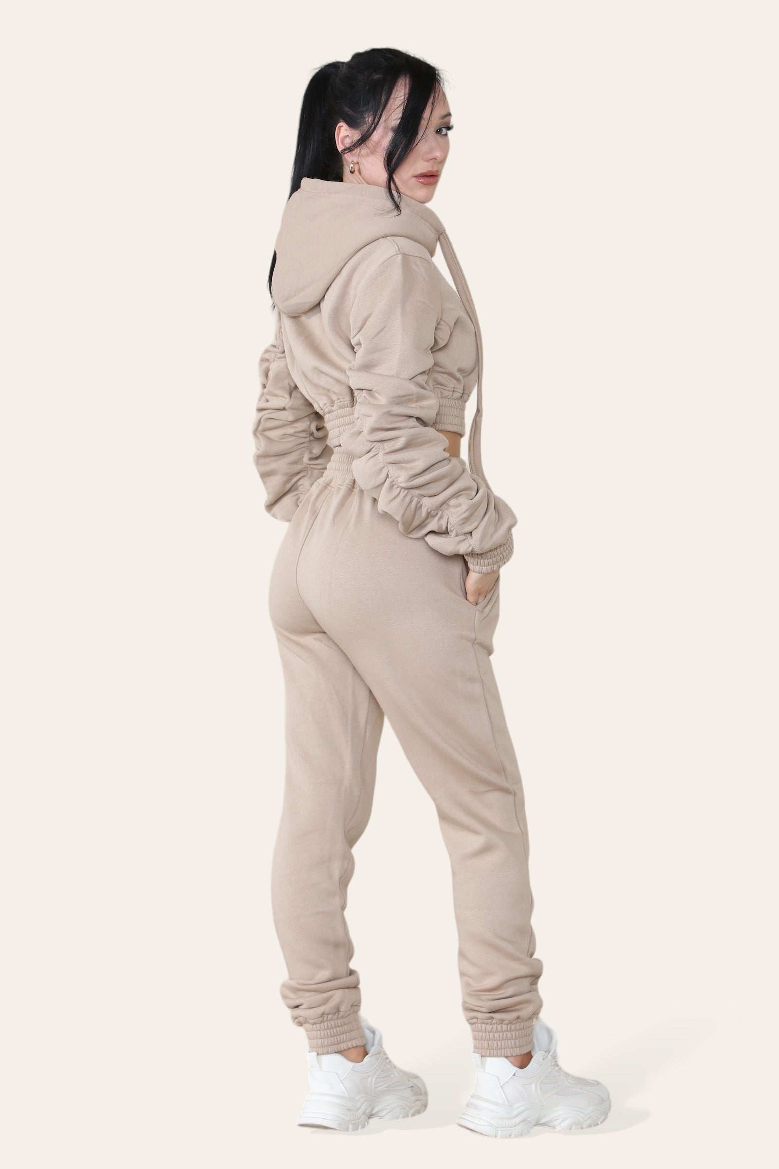 Ruched Sleeves Cropped Hoodie and Cropped Jogger Cuffed Bottom Loungewear Tracksuit Set - Multi Trends