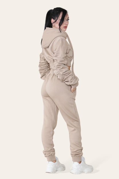Ruched Sleeves Cropped Hoodie and Cropped Jogger Cuffed Bottom Loungewear Tracksuit Set - Multi Trends