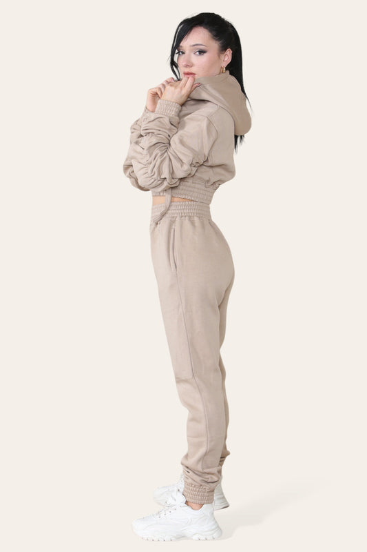Ruched Sleeves Cropped Hoodie and Cropped Jogger Cuffed Bottom Loungewear Tracksuit Set - Multi Trends