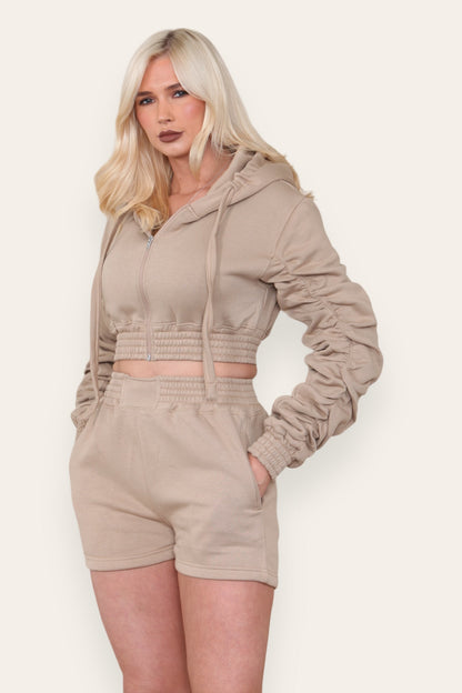 Ruched Sleeves Cropped Zip Up Front Elasticated Hem Hooded & Shorts Fleece Co-Ord Set - Multi Trends