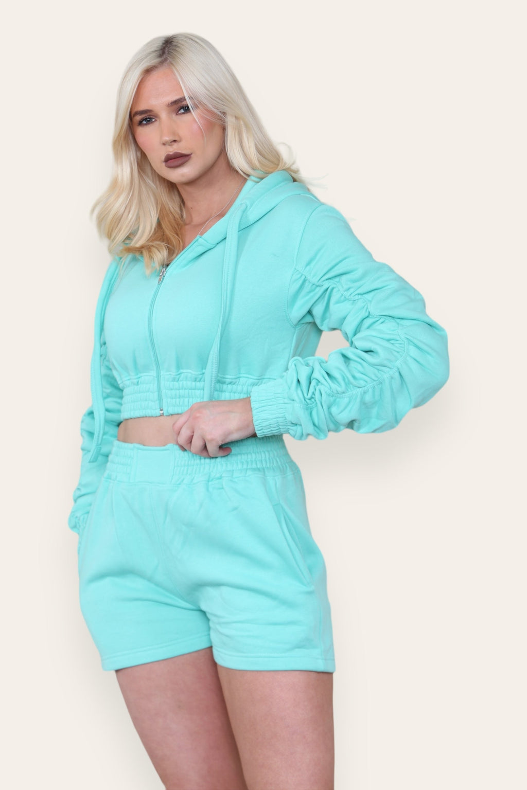 Ruched Sleeves Cropped Zip Up Front Elasticated Hem Hooded & Shorts Fleece Co-Ord Set - Multi Trends