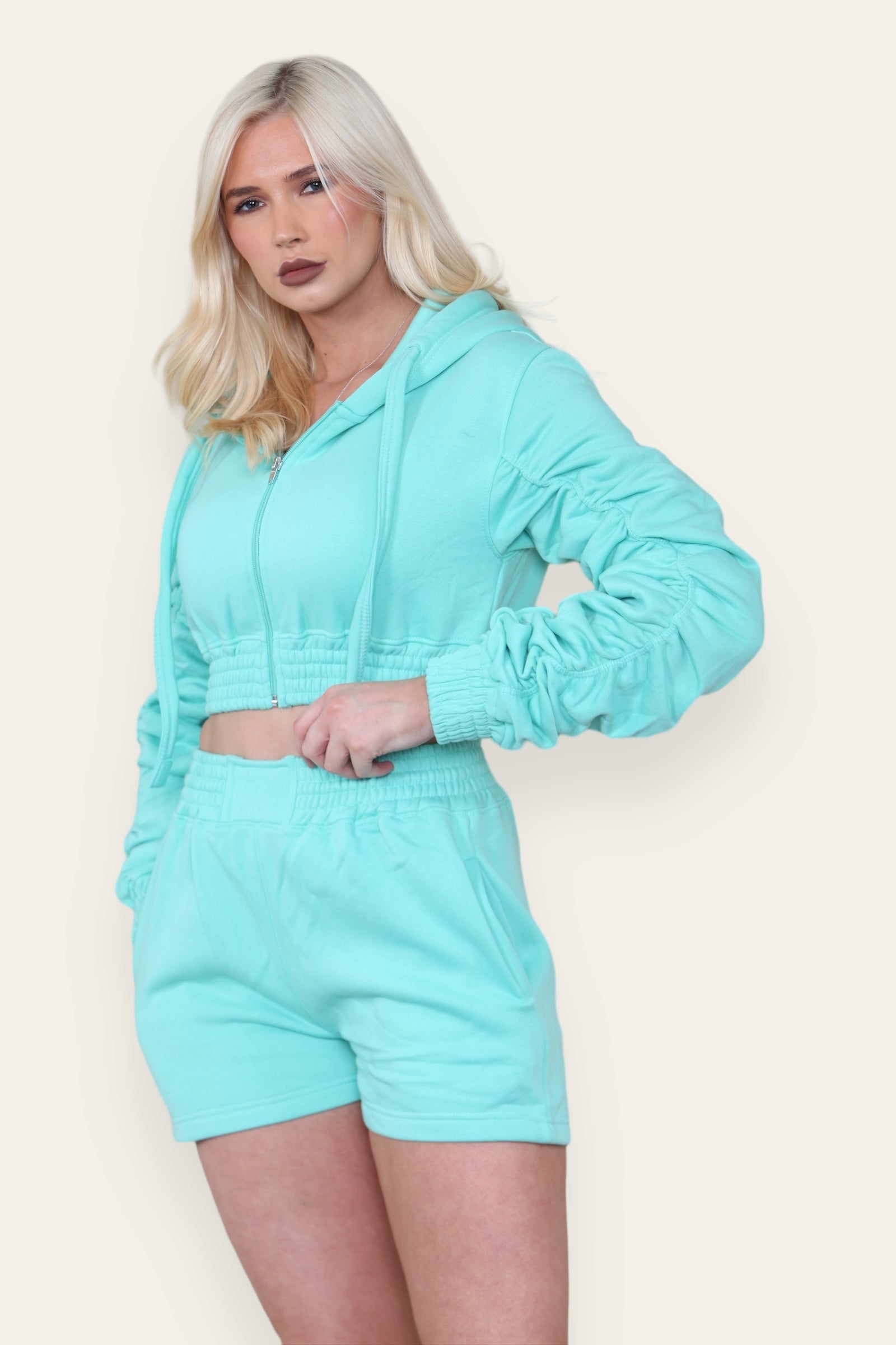 Ruched Sleeves Cropped Zip Up Front Elasticated Hem Hooded & Shorts Fleece Co-Ord Set - Multi Trends