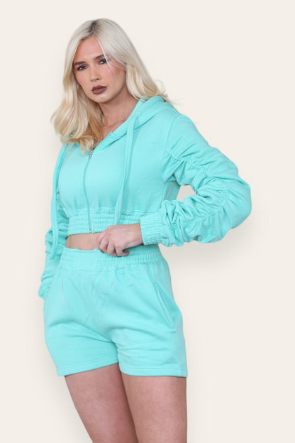 Ruched Sleeves Cropped Zip Up Front Elasticated Hem Hooded & Shorts Fleece Co-Ord Set - Multi Trends