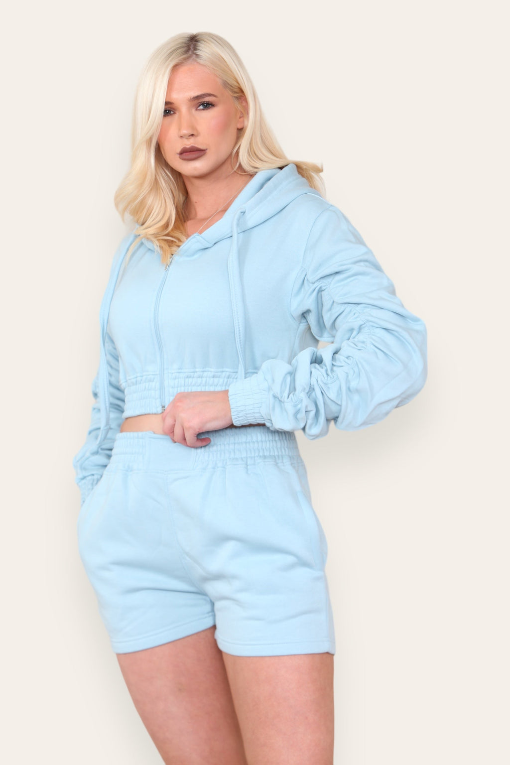 Ruched Sleeves Cropped Zip Up Front Elasticated Hem Hooded & Shorts Fleece Co-Ord Set - Multi Trends