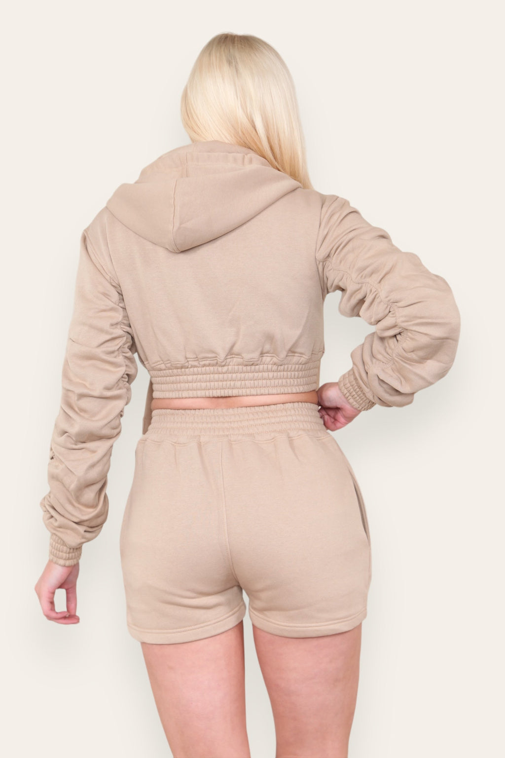 Ruched Sleeves Cropped Zip Up Front Elasticated Hem Hooded & Shorts Fleece Co-Ord Set - Multi Trends