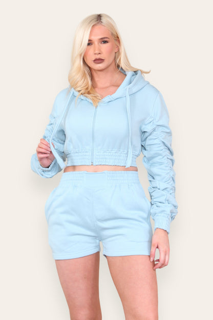 Ruched Sleeves Cropped Zip Up Front Elasticated Hem Hooded & Shorts Fleece Co-Ord Set - Multi Trends