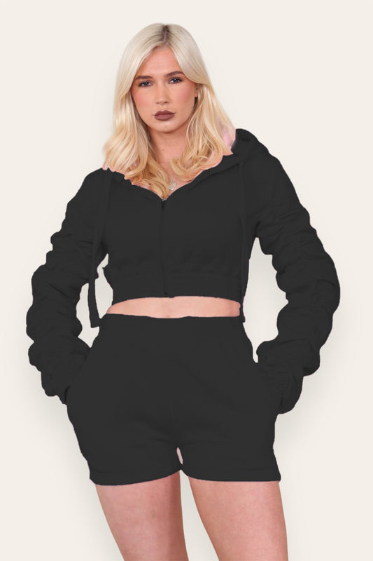 Ruched Sleeves Cropped Zip Up Front Elasticated Hem Hooded & Shorts Fleece Co-Ord Set - Multi Trends