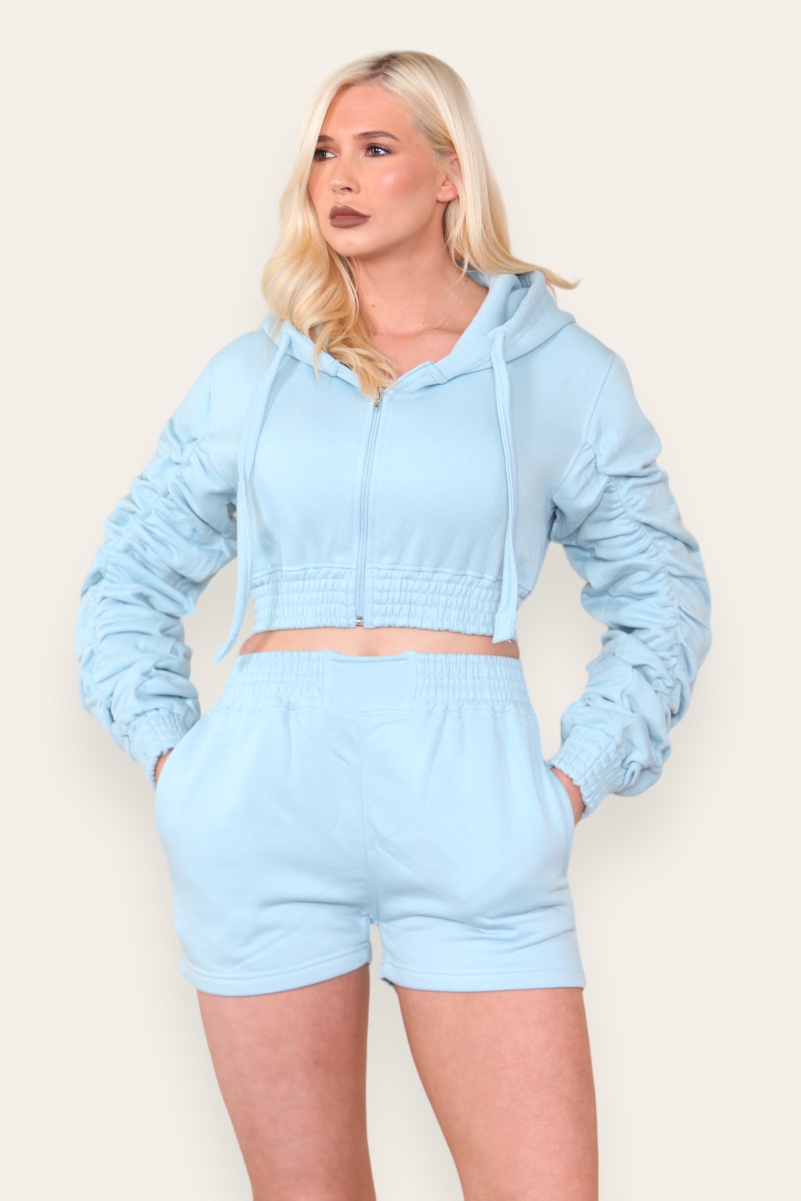Ruched Sleeves Cropped Zip Up Front Elasticated Hem Hooded & Shorts Fleece Co-Ord Set - Multi Trends