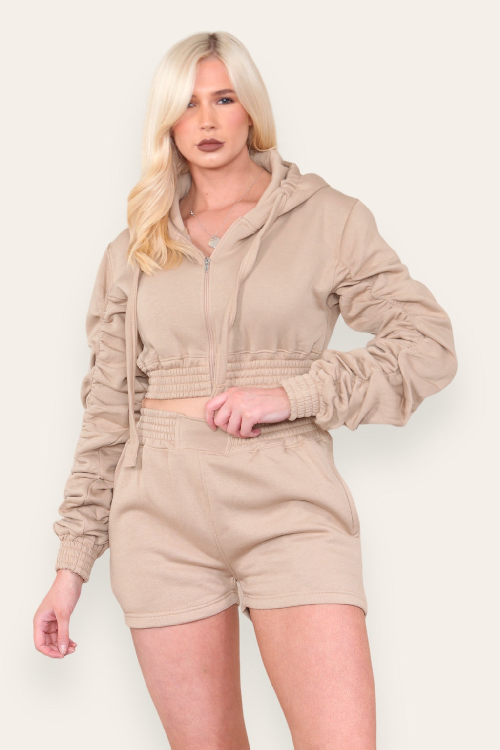 Ruched Sleeves Cropped Zip Up Front Elasticated Hem Hooded & Shorts Fleece Co-Ord Set - Multi Trends