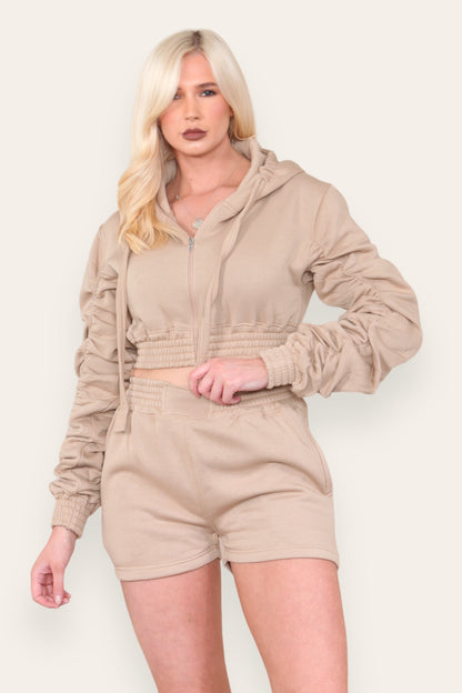 Ruched Sleeves Cropped Zip Up Front Elasticated Hem Hooded & Shorts Fleece Co-Ord Set - Multi Trends
