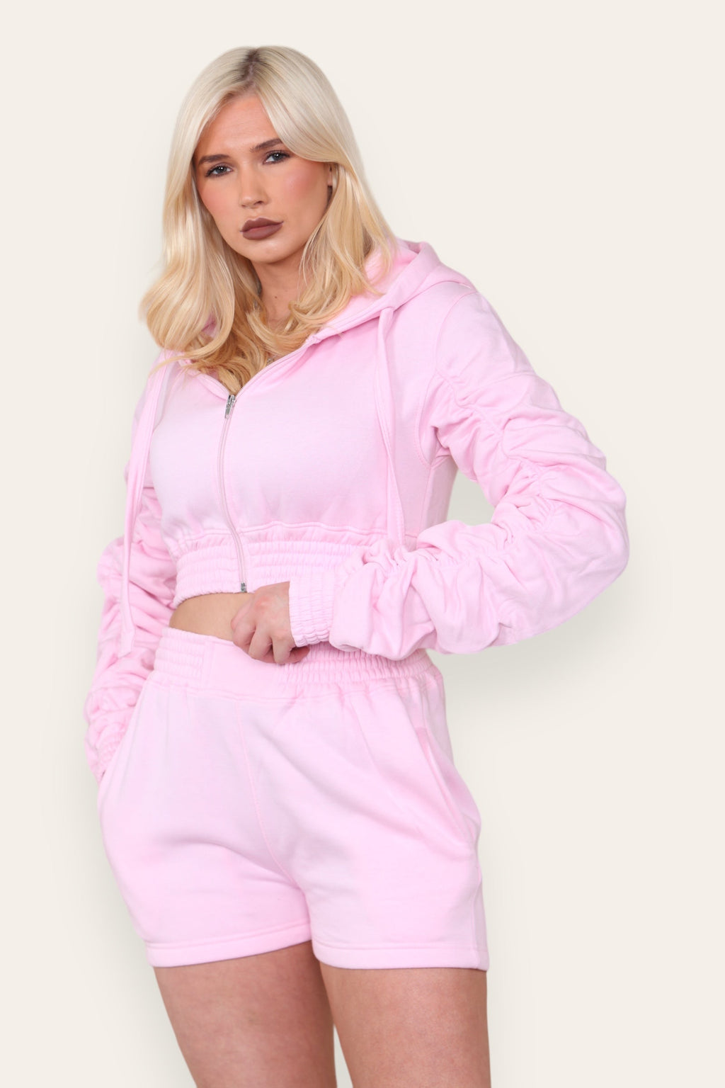 Ruched Sleeves Cropped Zip Up Front Elasticated Hem Hooded & Shorts Fleece Co-Ord Set - Multi Trends
