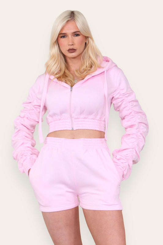 Ruched Sleeves Cropped Zip Up Front Elasticated Hem Hooded & Shorts Fleece Co-Ord Set - Multi Trends