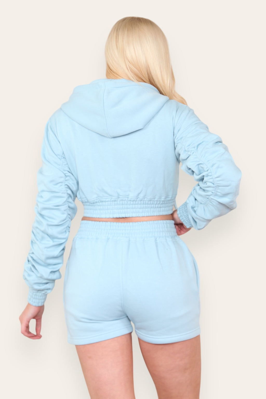 Ruched Sleeves Cropped Zip Up Front Elasticated Hem Hooded & Shorts Fleece Co-Ord Set - Multi Trends