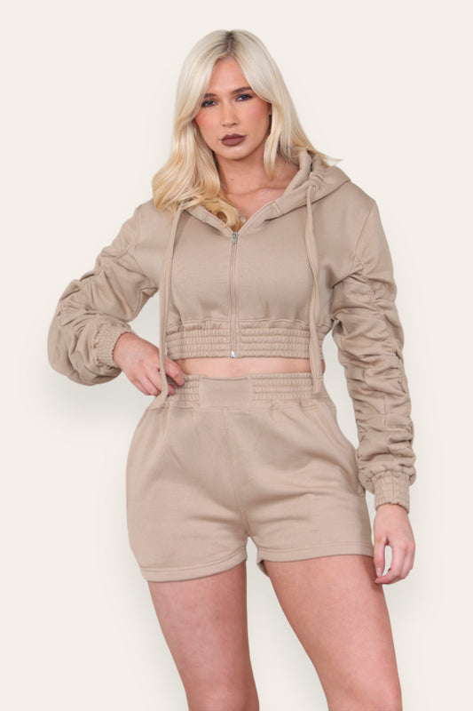 Ruched Sleeves Cropped Zip Up Front Elasticated Hem Hooded & Shorts Fleece Co-Ord Set - Multi Trends