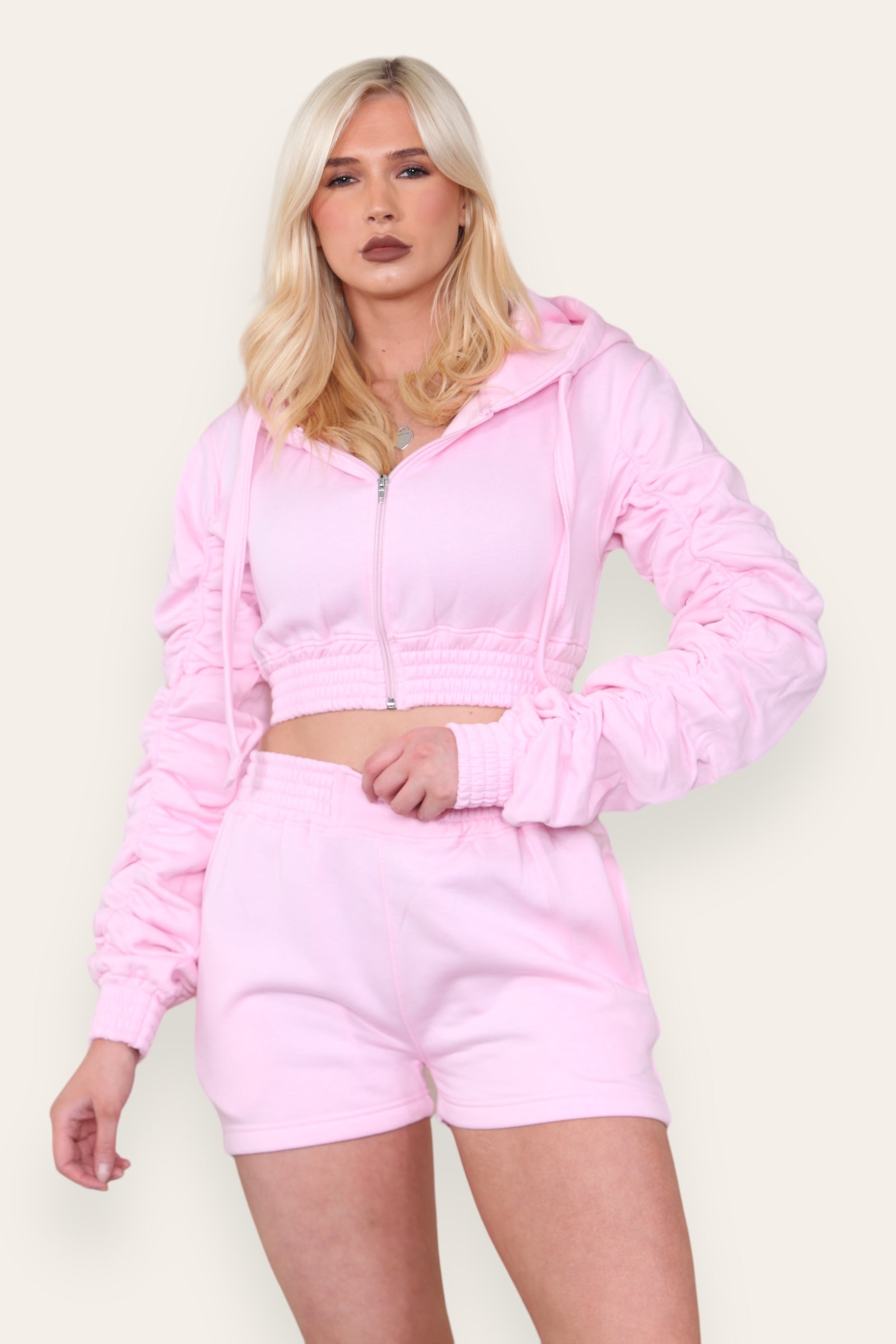 Ruched Sleeves Cropped Zip Up Front Elasticated Hem Hooded & Shorts Fleece Co-Ord Set - Multi Trends